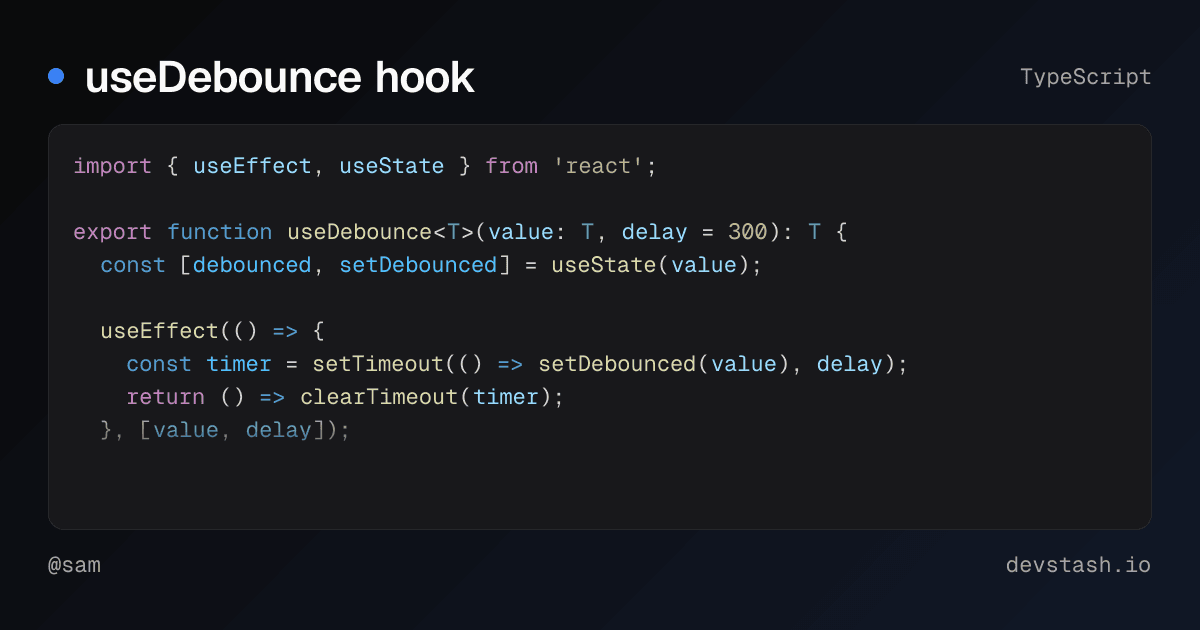 The link preview card: useDebounce hook, its first lines of code, @sam, devstash.io
