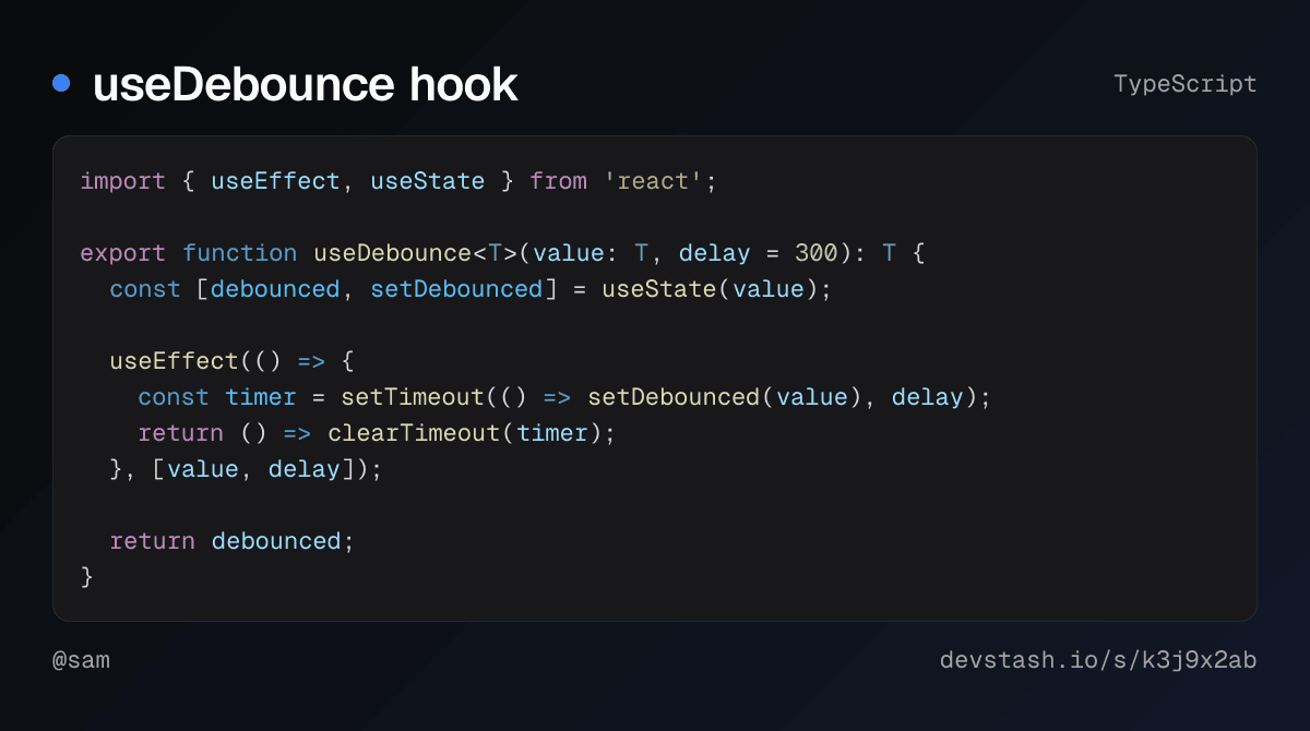 The shared snippet as an image: useDebounce hook in TypeScript, by @sam, with its short link